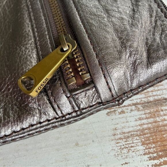 FOSSIL vintage 90s crossbody explorer bag leather purse metallic gun metal gray - Picture 11 of 16